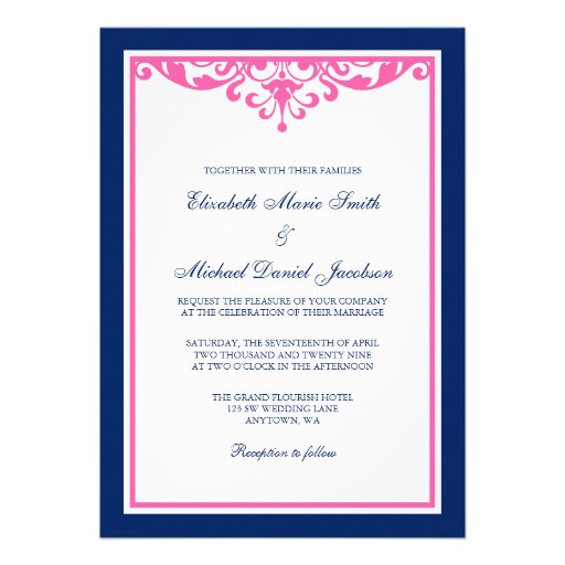 Navy Blue and Pink Flourish Wedding Invitations