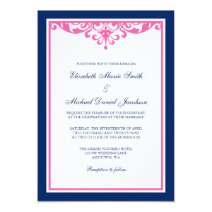 Navy Blue and Pink Flourish Wedding Invitations 5