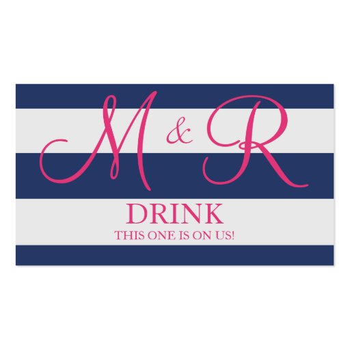 Navy Blue and Pink Monogram Wedding Drink Ticket Business Card Template (front side)