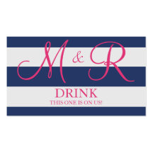 Navy Blue and Pink Monogram Wedding Drink Ticket Business Card Template