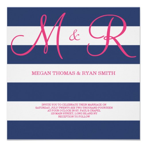 Navy Blue and Pink Monogram Wedding Invitation