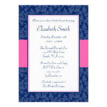 Navy Blue and Pink Swirl Damask Bridal Shower Custom Announcement