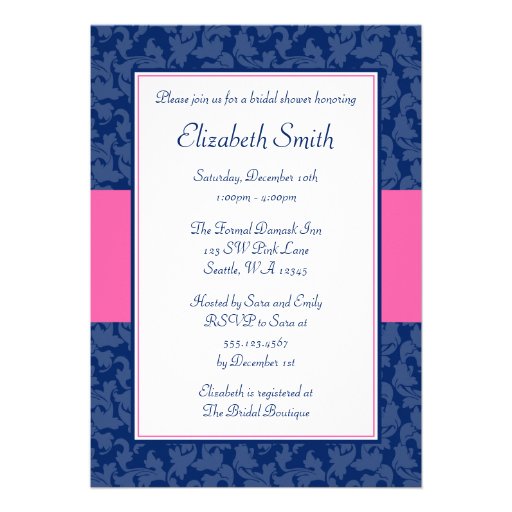 Navy Blue and Pink Swirl Damask Bridal Shower Custom Announcement