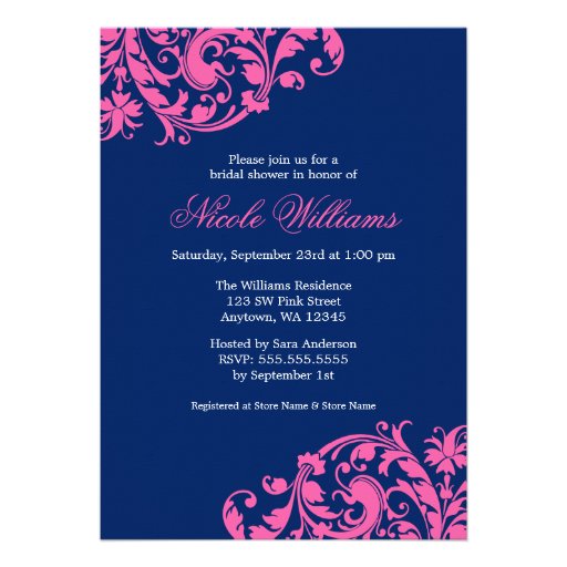 Navy Blue and Pink Swirl Flourish Bridal Shower Announcements