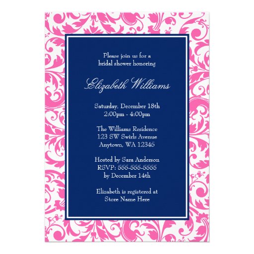 Navy Blue and Pink  Swirls Damask Bridal Shower Custom Announcements