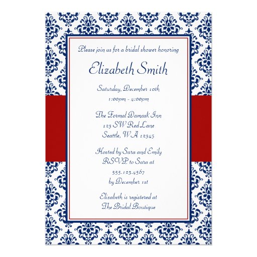 Navy Blue and Red Damask Bridal Shower Invitations