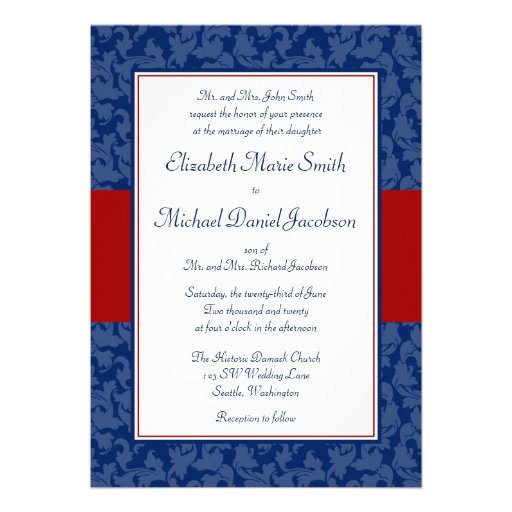 Navy Blue and Red Damask Swirl Wedding Invitations (front side)