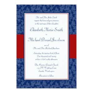 Navy Blue and Red Damask Swirl Wedding Invitations 5