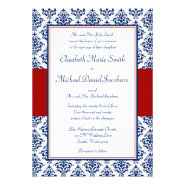 Navy Blue and Red Damask Wedding Invitations