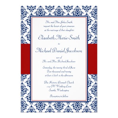 Navy Blue and Red Damask Wedding Invitations