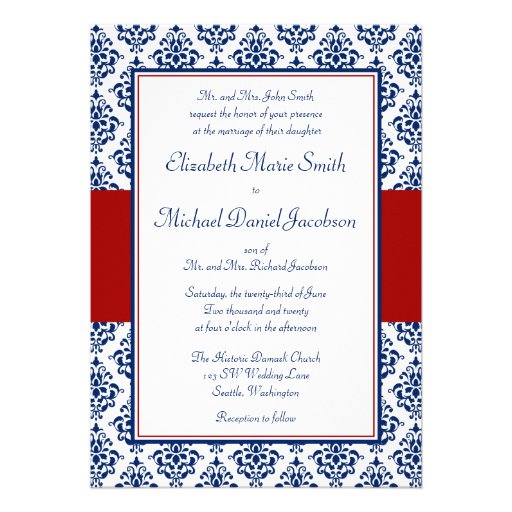 Navy Blue and Red Damask Wedding Invitations (front side)