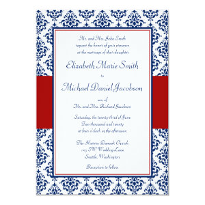 Navy Blue and Red Damask Wedding Invitations 5