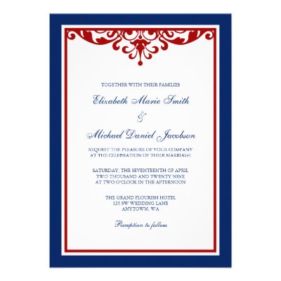 Navy Blue and Red Flourish Wedding Custom Announcements