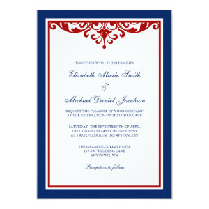 Navy Blue and Red Flourish Wedding 5x7 Paper Invitation Card