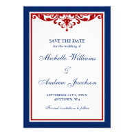 Navy Blue and Red Flourish Wedding Save the Date Custom Announcements
