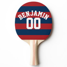 Navy Blue and Red Rugby Stripes Name Number Ping Pong Paddle