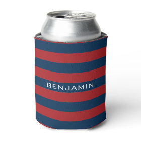 Navy Blue and Red Rugby Stripes with Custom Name Can Cooler