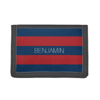 Navy Blue and Red Rugby Stripes with Custom Name Trifold Wallets