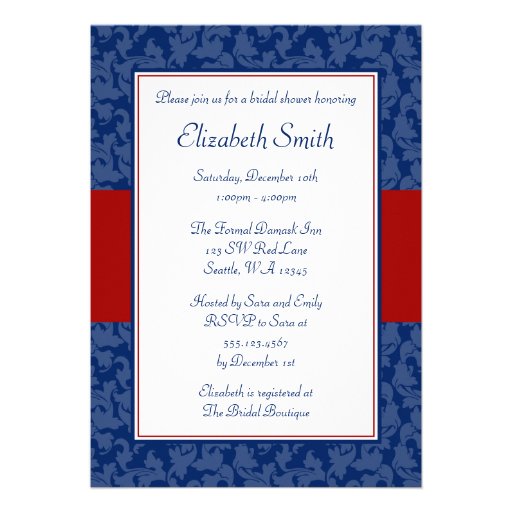 Navy Blue and Red Swirl Damask Bridal Shower Invite