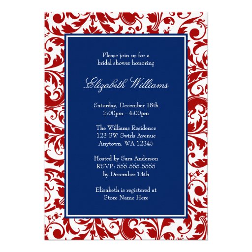 Navy Blue and Red Swirls Damask Bridal Shower Invitations