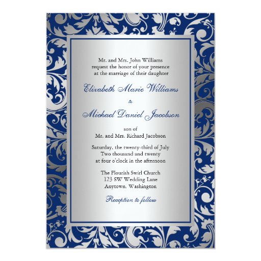 navy white and silver wedding invitations navy blue and silver damask swirls wedding 5x7 paper navy white and silver wedding invitations navy blue and silver damask swirls wedding 5x7 paper