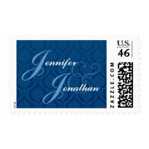 Navy Blue and White Bride Groom Damask Wedding Postage Stamp