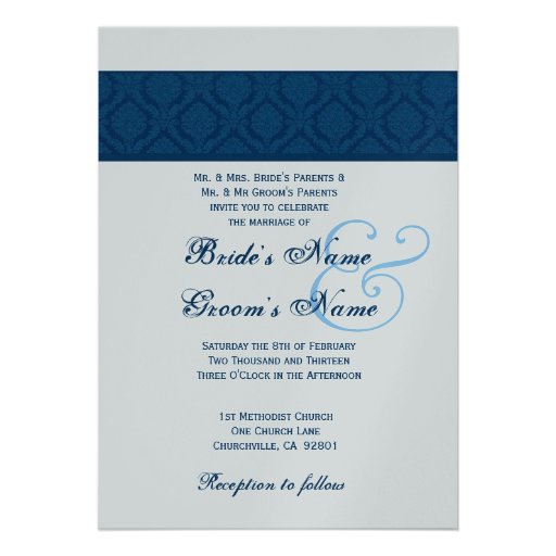 Navy Blue and White Diamond Damask Wedding Invitation