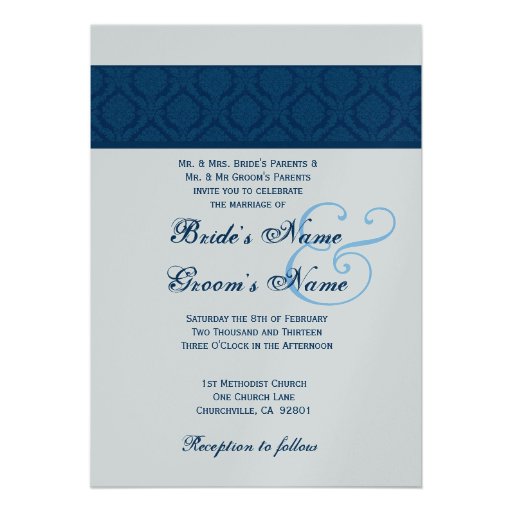 Navy Blue and White Diamond Damask Wedding Invitation