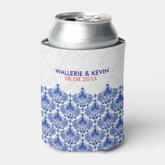 Navy Blue And White Elegant Lacy Damasks Can Cooler