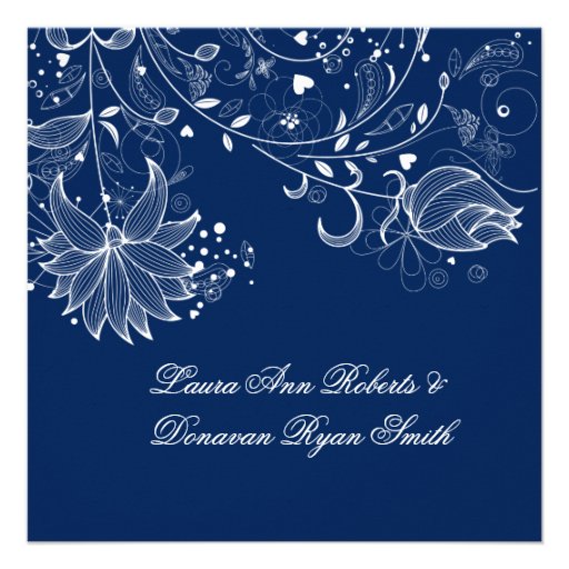 Navy Blue and White Floral Swirls Post Wedding Custom Invitations