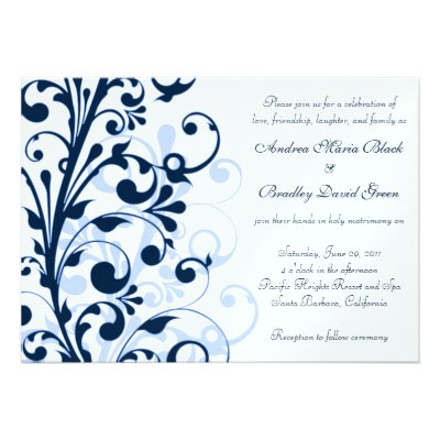 Navy Blue and White Floral Wedding Invitation