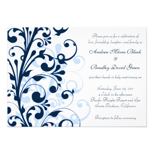 Navy Blue and White Floral Wedding Invitation