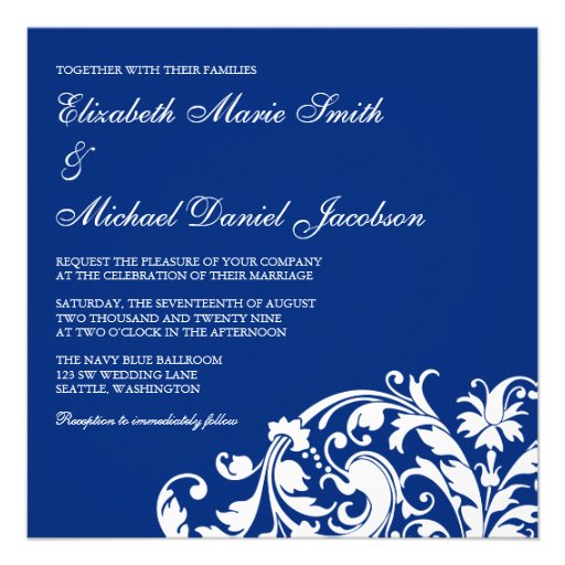 Navy Blue and White Flourish Swirl Wedding Invite