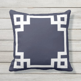 Navy Blue and White Greek Key Border Outdoor Pillow