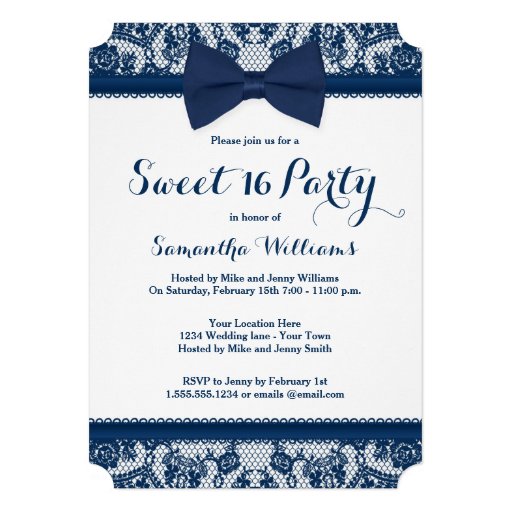 Navy Blue and White Lace Bow Sweet 16 Party Custom Invitation
