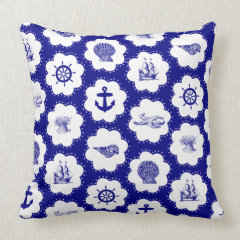 Navy Blue and White Nautical Seashell Accent Pillow