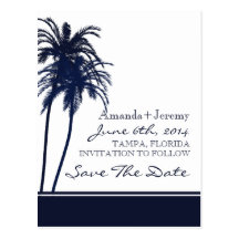 Navy Blue and White Tropical Save The Date Post Card