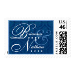 Navy Blue and White Wedding Damask Bride Groom Postage