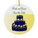 Navy Blue and Yellow Cake Save the Date ornaments