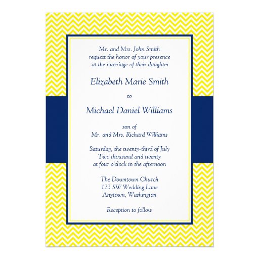 Navy Blue and Yellow Chevron Wedding Invitations