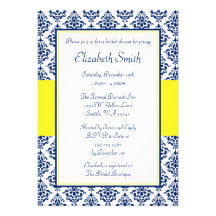 Navy Blue and Yellow Damask Bridal Shower Invites