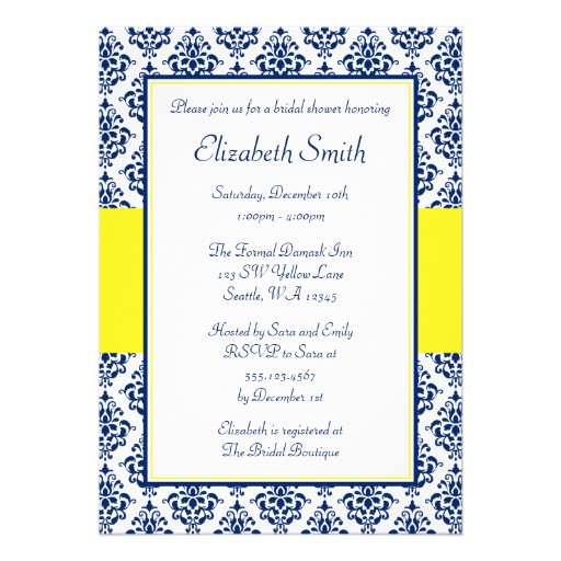 Navy Blue and Yellow Damask Bridal Shower Invites