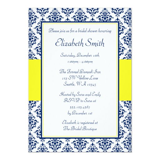 Navy Blue and Yellow Damask Bridal Shower Invites