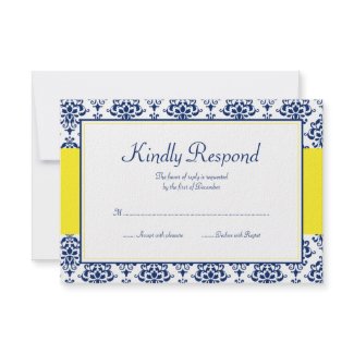 Navy Blue and Yellow Damask Response Card invitation