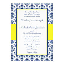 Navy Blue and Yellow Damask Wedding Invitations