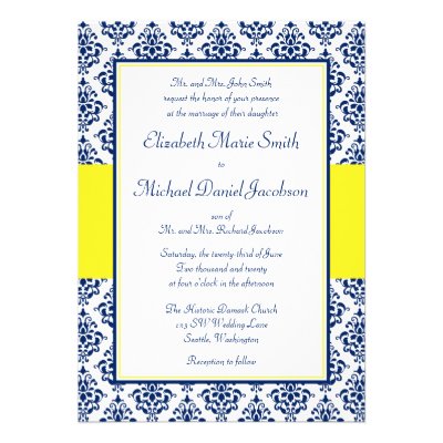 Navy Blue and Yellow Damask Wedding Invitations