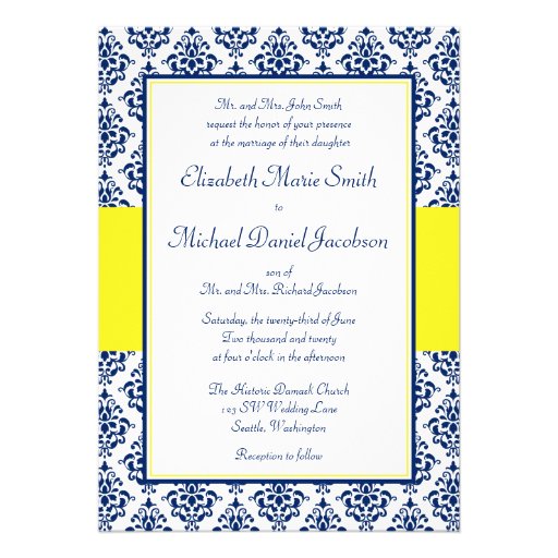 Navy Blue and Yellow Damask Wedding Invitations