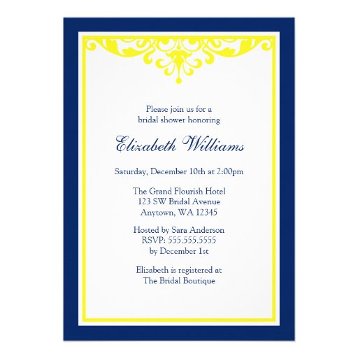 Navy Blue and Yellow Flourish Bridal Shower Custom Invitations