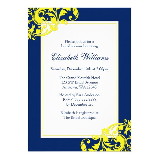 Navy Blue and Yellow Flourish Swirls Bridal Shower Announcement