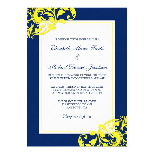 Navy Blue and Yellow Flourish Swirls Wedding Invites
